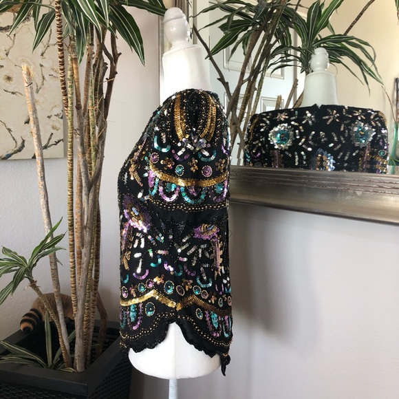 Vintage 80s Laurence Kazar Sequins Beaded Shirt S - Picture 5 of 10